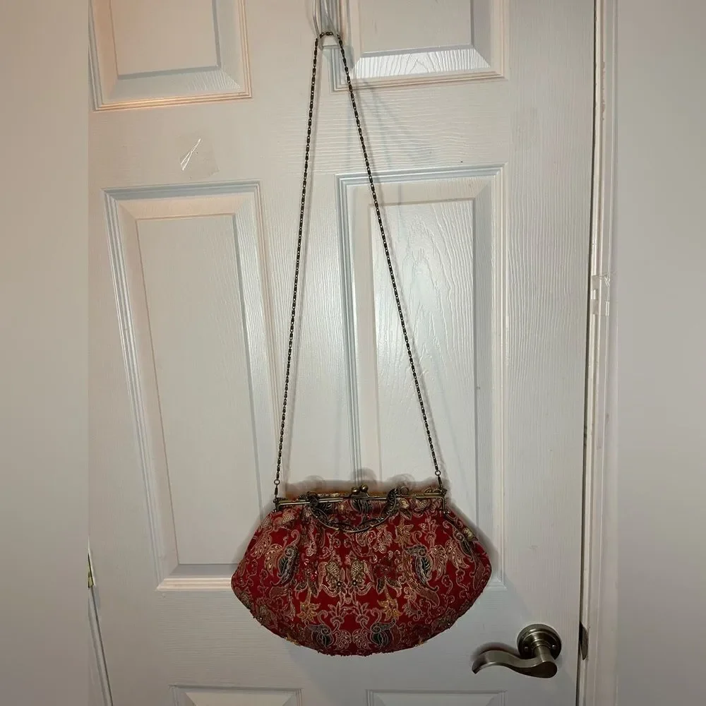 Braciano hand Bag Brass frame &Handle Kiss Lock Red & gold fabric beaded accent